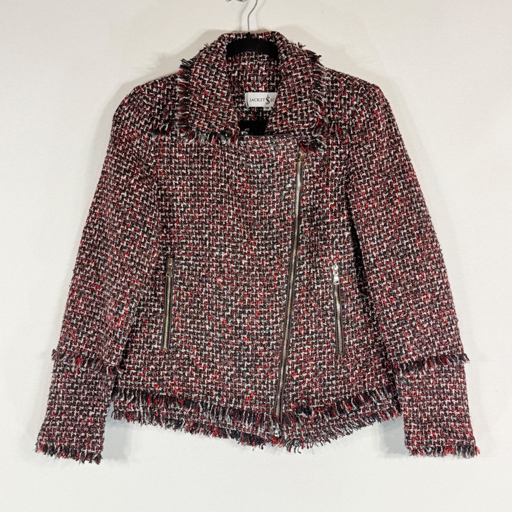Jacket Society Women Small Tweed Moto Jacket Red‎ Black White Fringe Edgy Femme